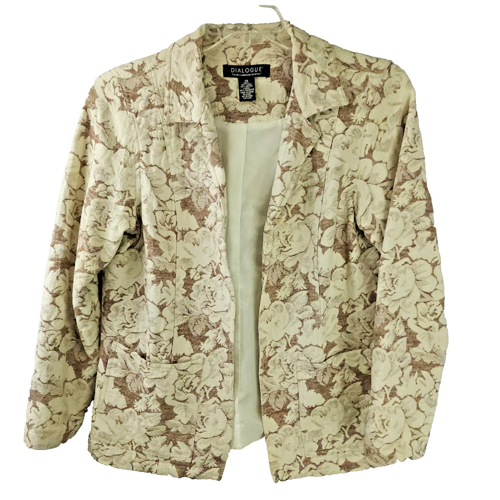 Dialogue Open Front Blazer Women Size 10 Cream Linen Cotton Floral